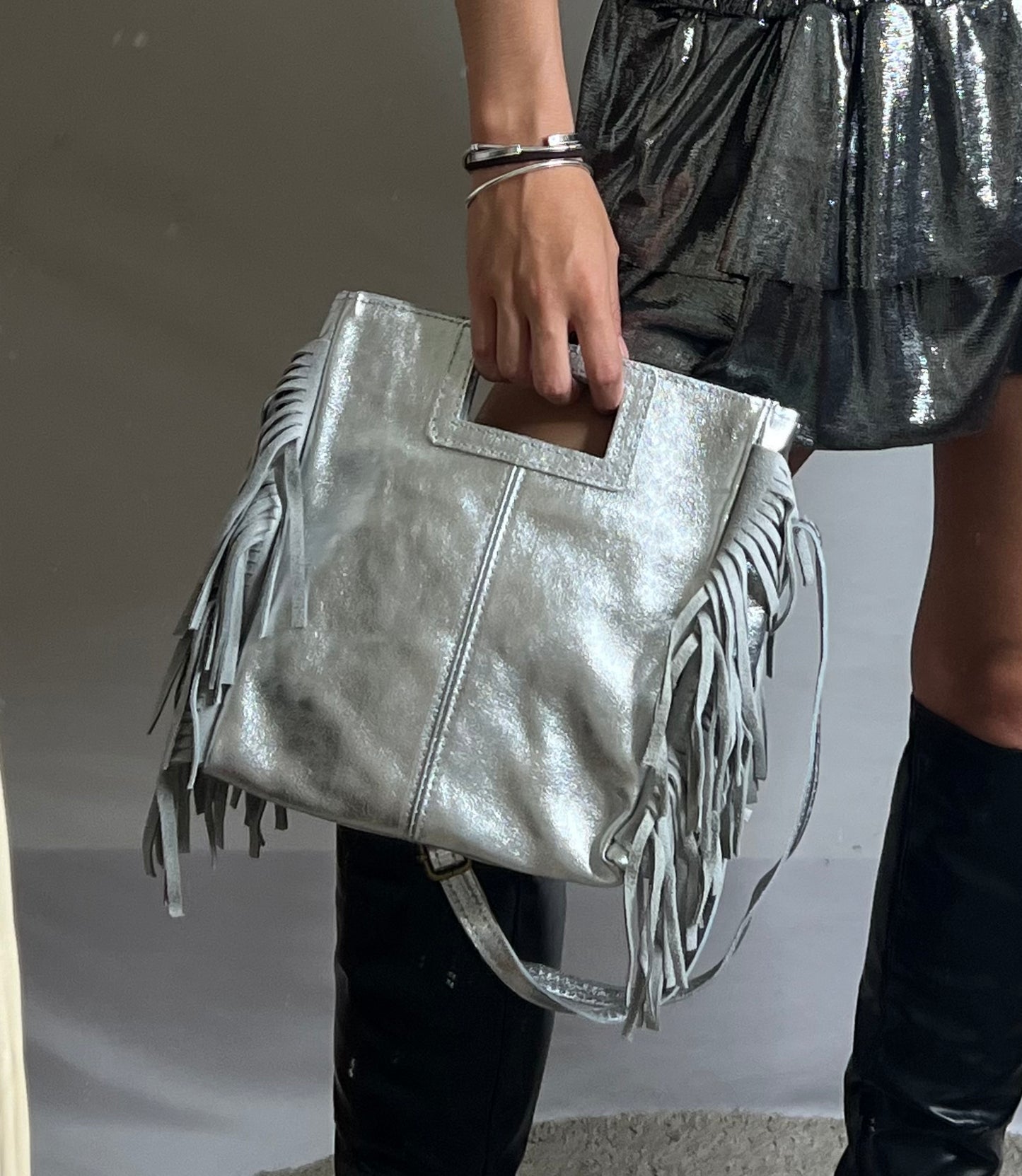 Sac Velvet Argenté à franges